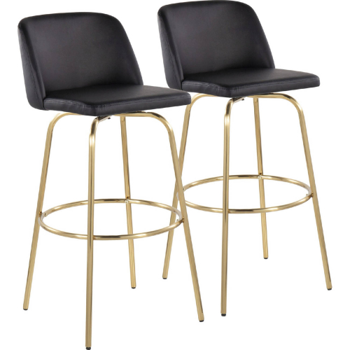 Toriano 30" Swivel Bar Stool in Black Leatherette & Gold w/ Round Footrest (Set of 2)